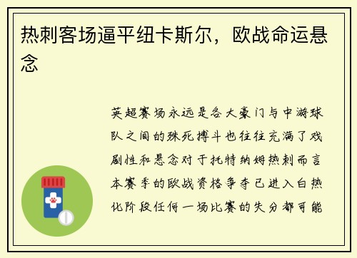 热刺客场逼平纽卡斯尔，欧战命运悬念