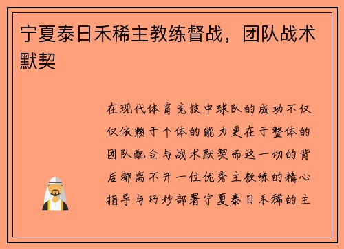 宁夏泰日禾稀主教练督战，团队战术默契