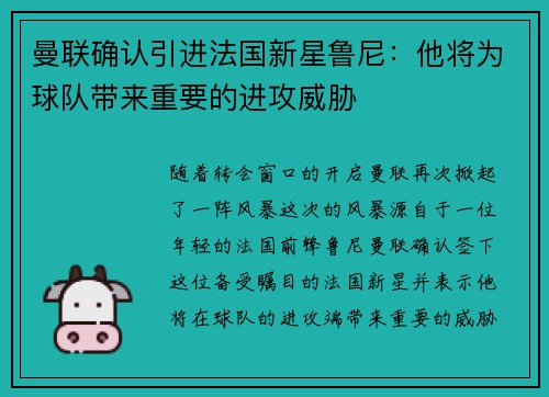曼联确认引进法国新星鲁尼：他将为球队带来重要的进攻威胁