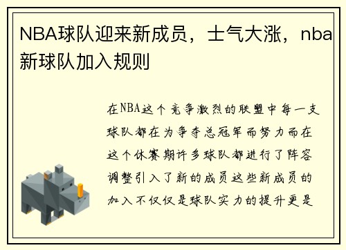 NBA球队迎来新成员，士气大涨，nba新球队加入规则