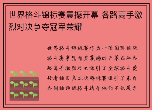 世界格斗锦标赛震撼开幕 各路高手激烈对决争夺冠军荣耀