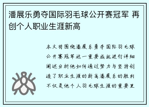 潘展乐勇夺国际羽毛球公开赛冠军 再创个人职业生涯新高