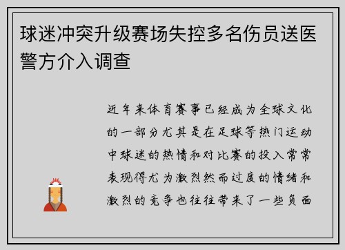 球迷冲突升级赛场失控多名伤员送医警方介入调查